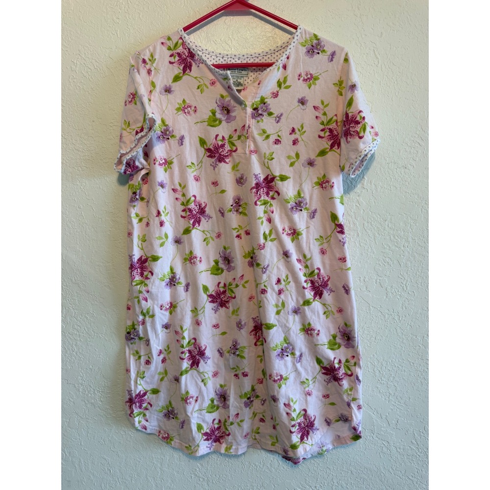 Anne Lewin New York Floral Cotton Nightgown Pink Purple Henley Sleep Shirt M